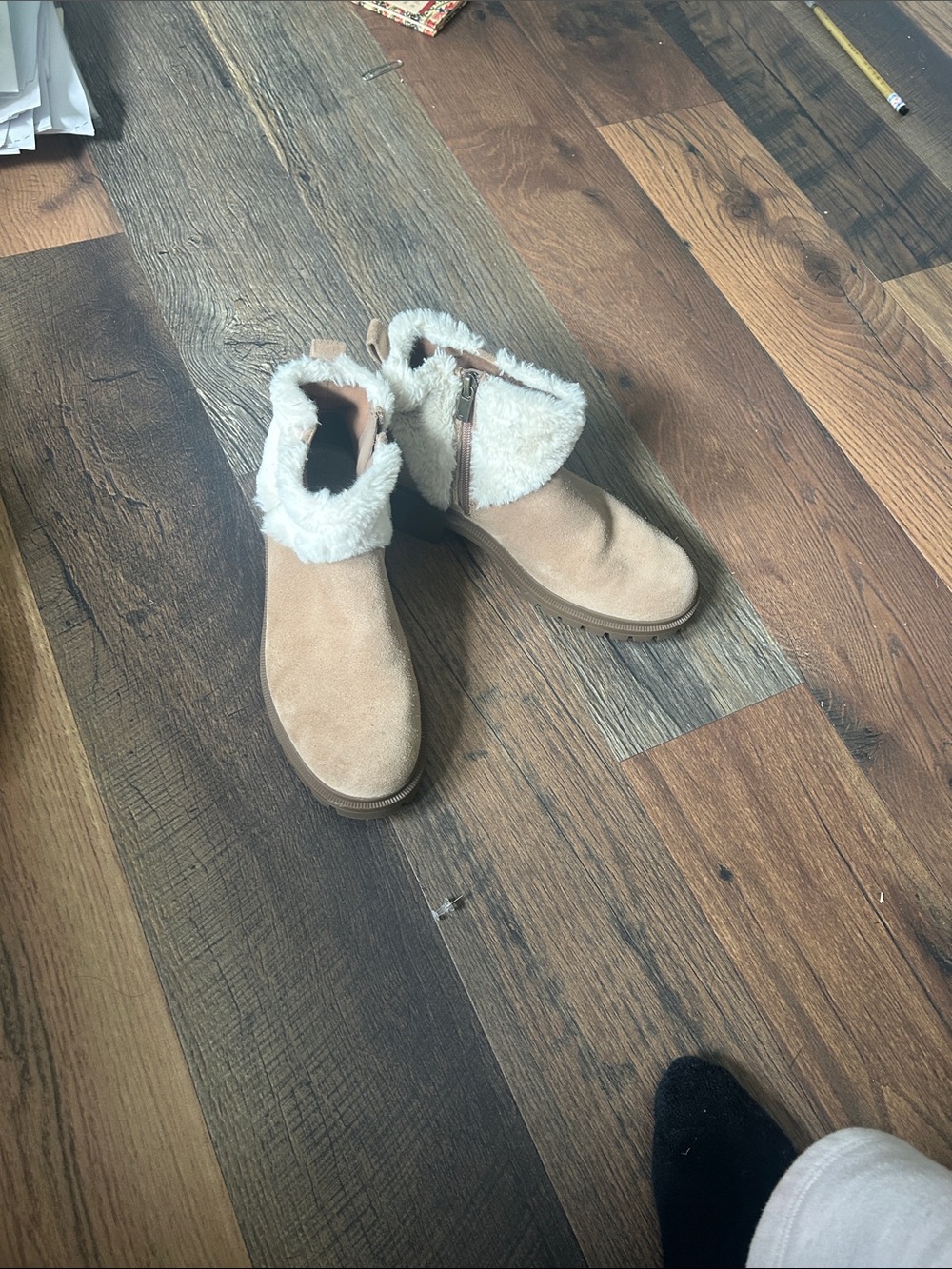 Koolaburra Tan Faux Suede Ankle Booties with Cream Shearling Trim